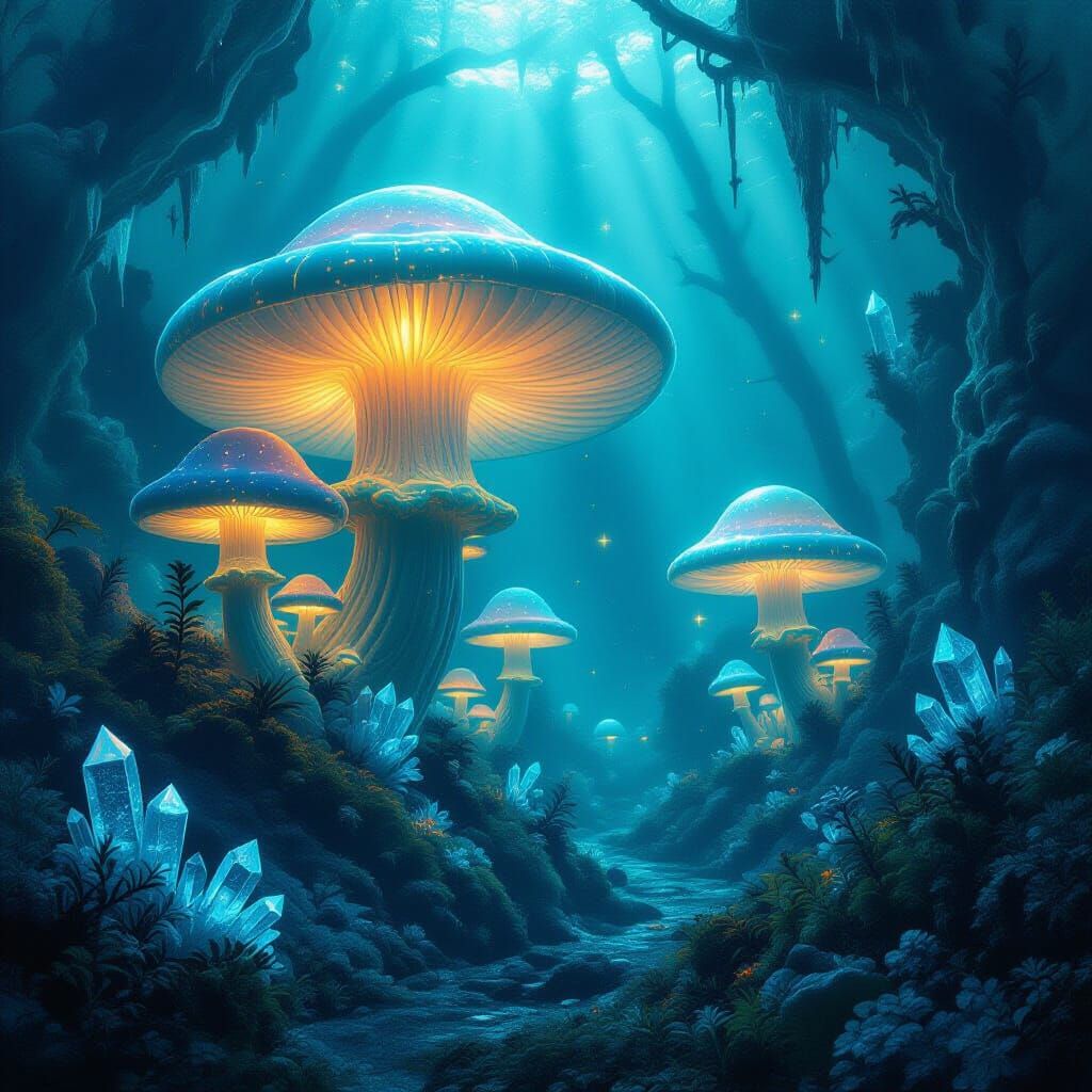 Bioluminescent Mushroom Forest with Crystalline Structures