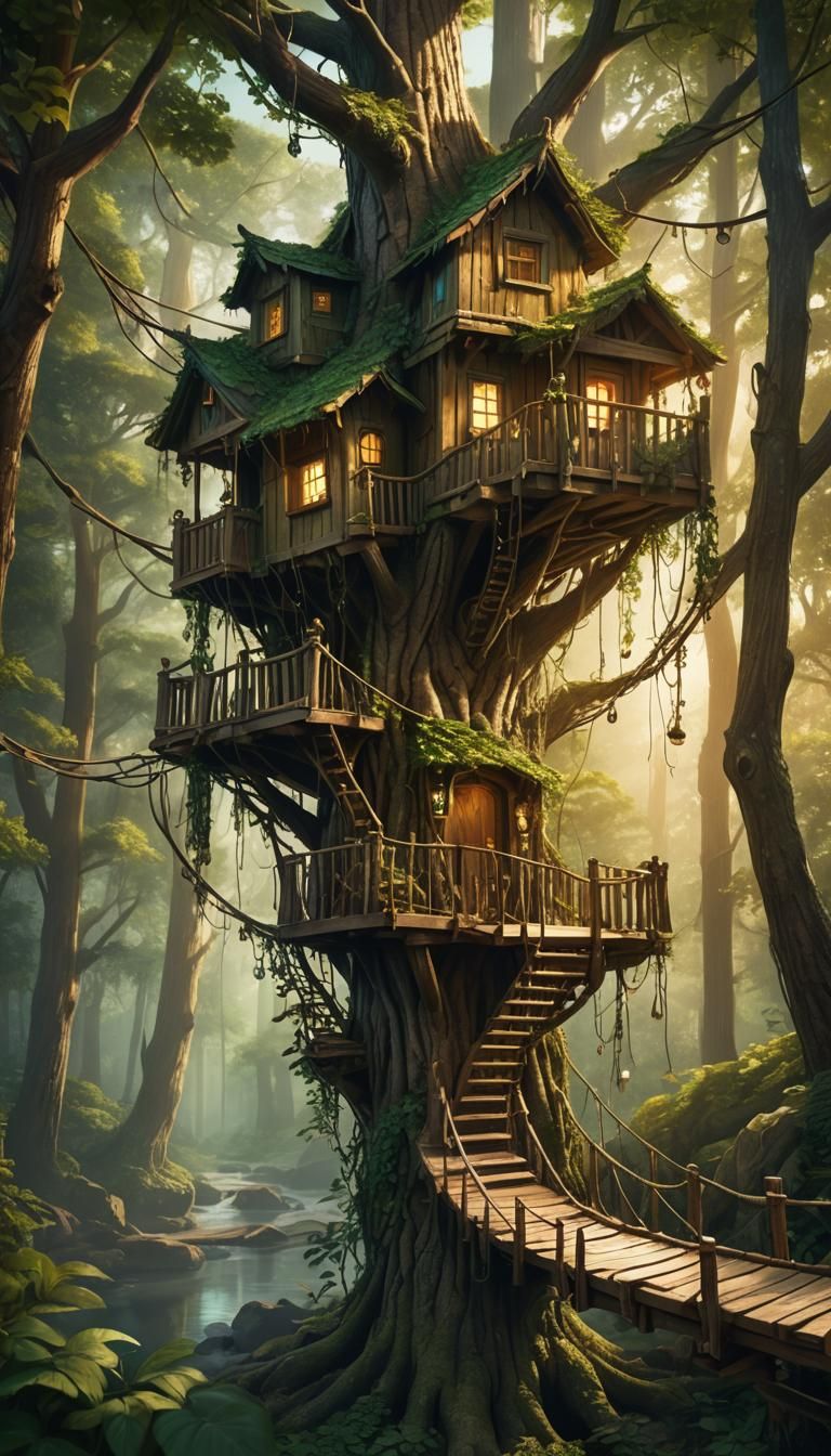 Cozy Treehouse in Forest, Matte Painting Style