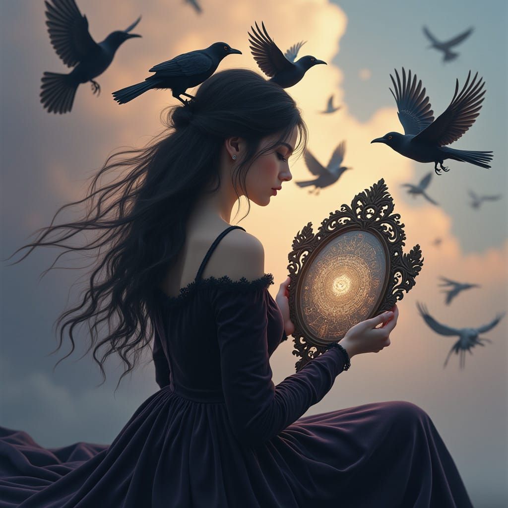 Mystical Realism Portrait of a Woman with Birds and Antique...