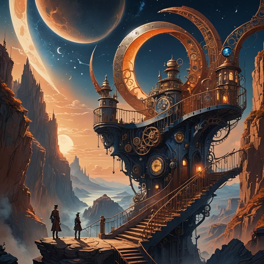 Steampunk Explorer and Giant Moon: Fantasy Concept Art