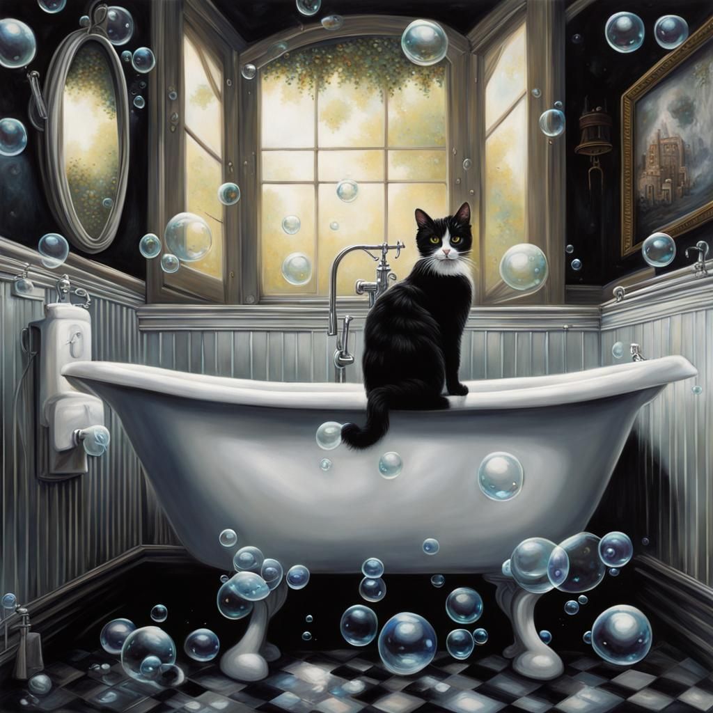 Fantastical Cat in a Bathroom, Hyperrealistic Style