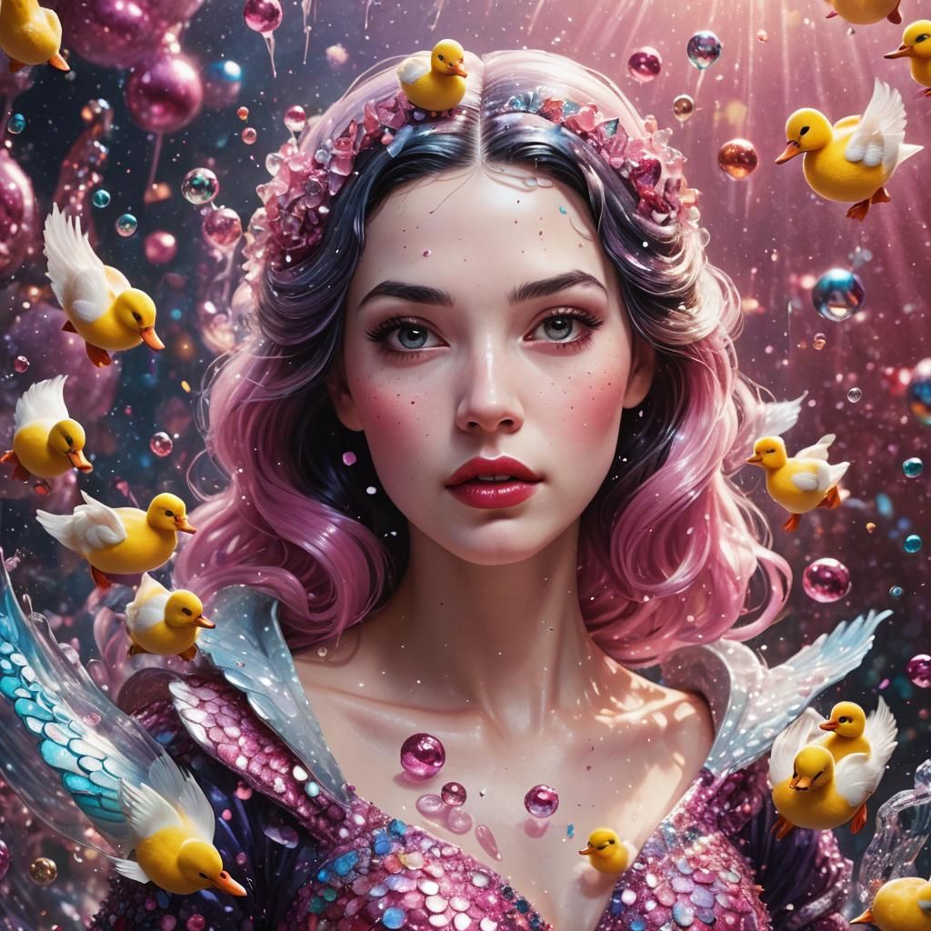 Hyperrealistic Snow White Space Mermaid with Ducks