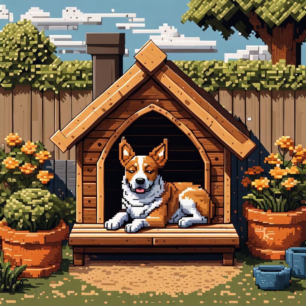 Dog Sleeping in Dog House: 8-bit Pixel Art