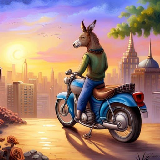 Hippie Donkey and Motorbike in Fantasycore Cityscape