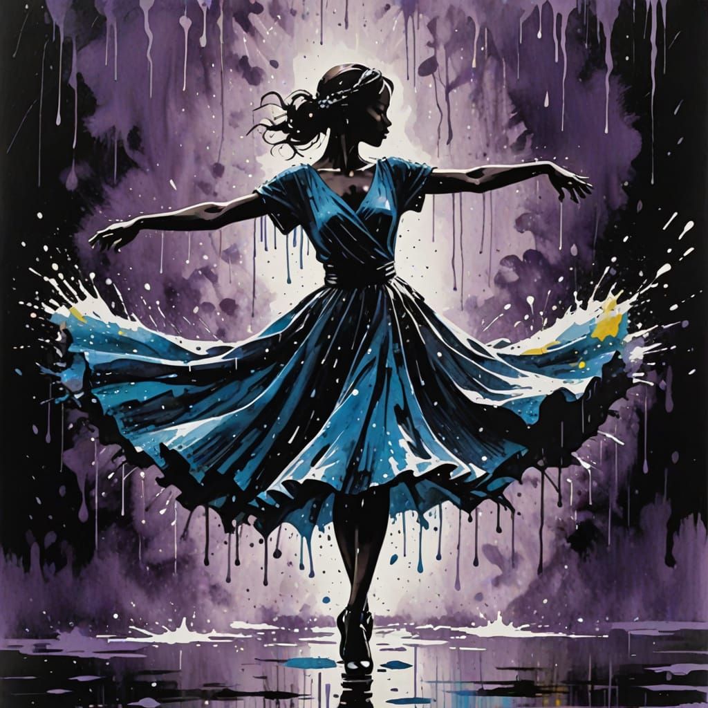 Vibrant Splatter Painting of Rain-Soaked Dancer in Flowing G...