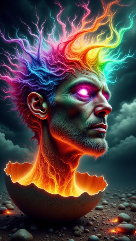 Fractal Man Hatches on Floating Island in Storm