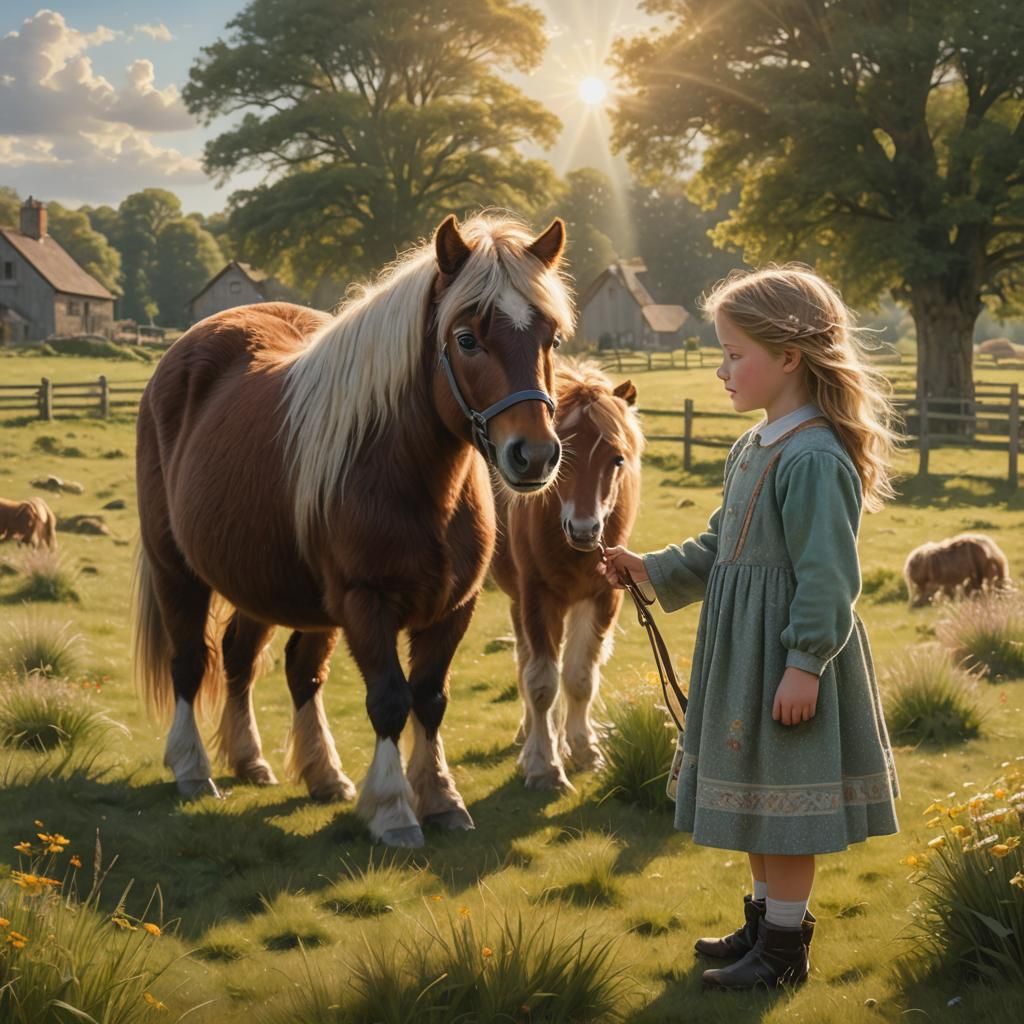 Orphan Girl and Pony in Sunlit Meadow