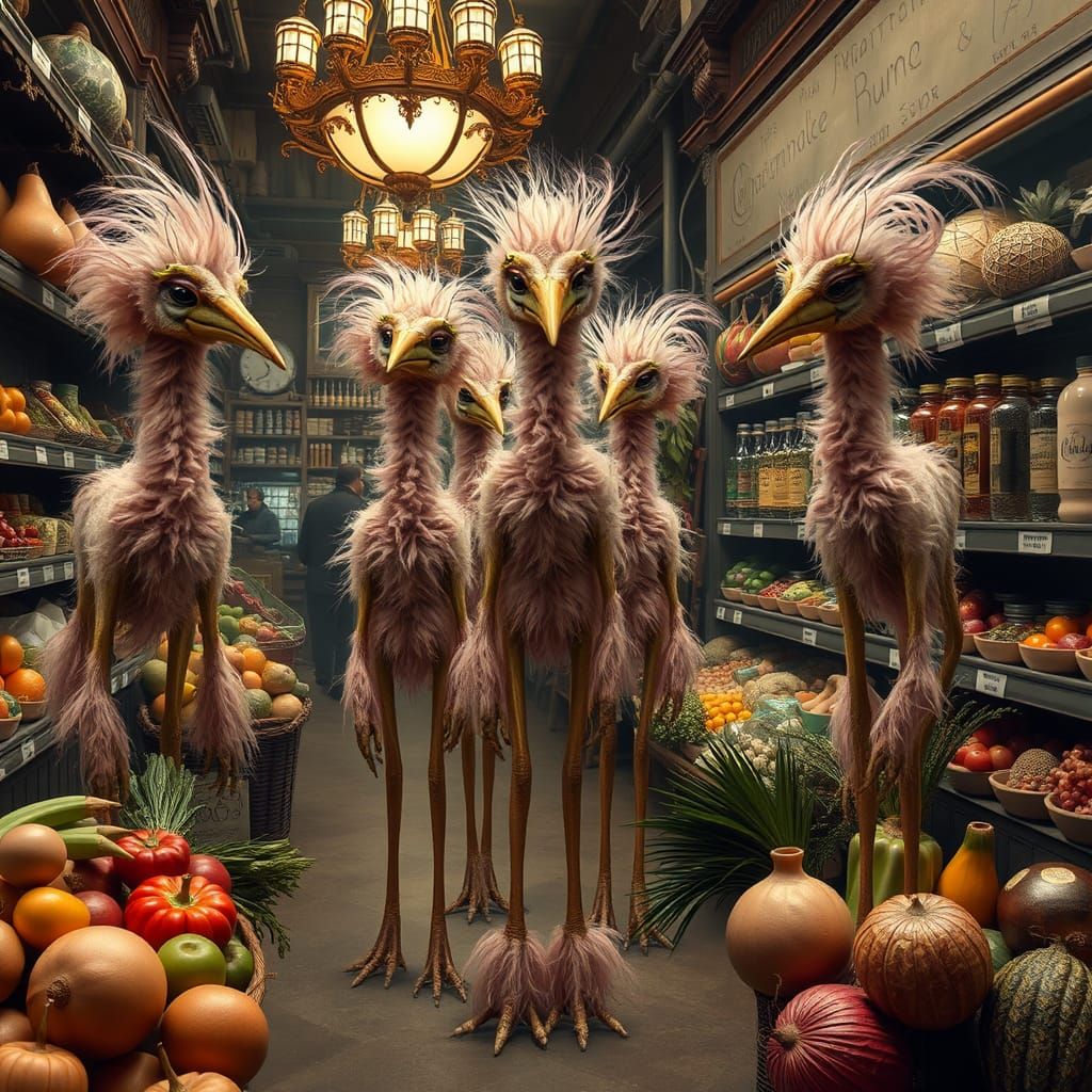 Stork-like Figures Shopping in Ornate Grocery Store
