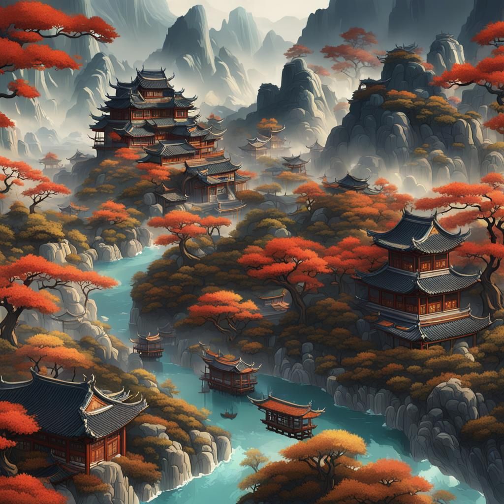 Ukiyo-e Style Natural Objects in Detailed Painting