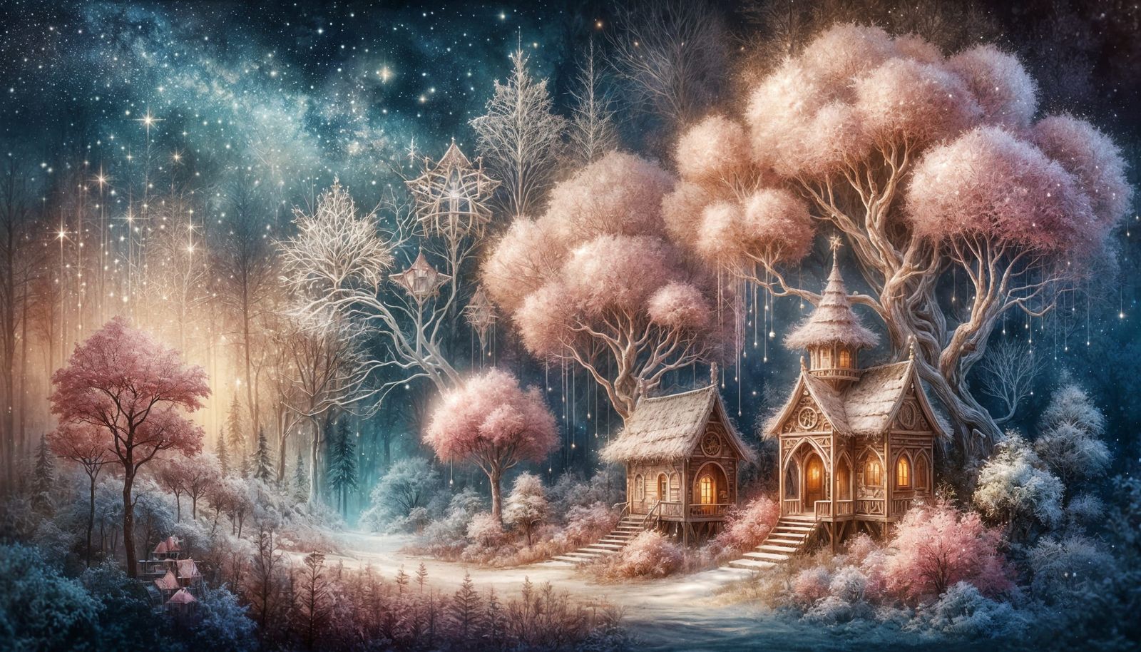 Whimsical Winter Wonderland with Pink Trees and Starry Sky