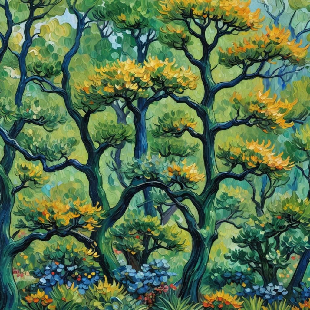 Colorful Dwarf Trees in Post-Impressionist Oil Painting