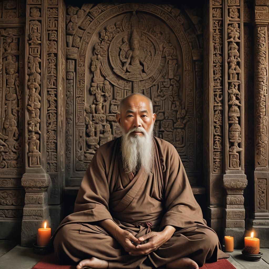 Serene Monk in Ancient Temple: Detailed Matte Painting