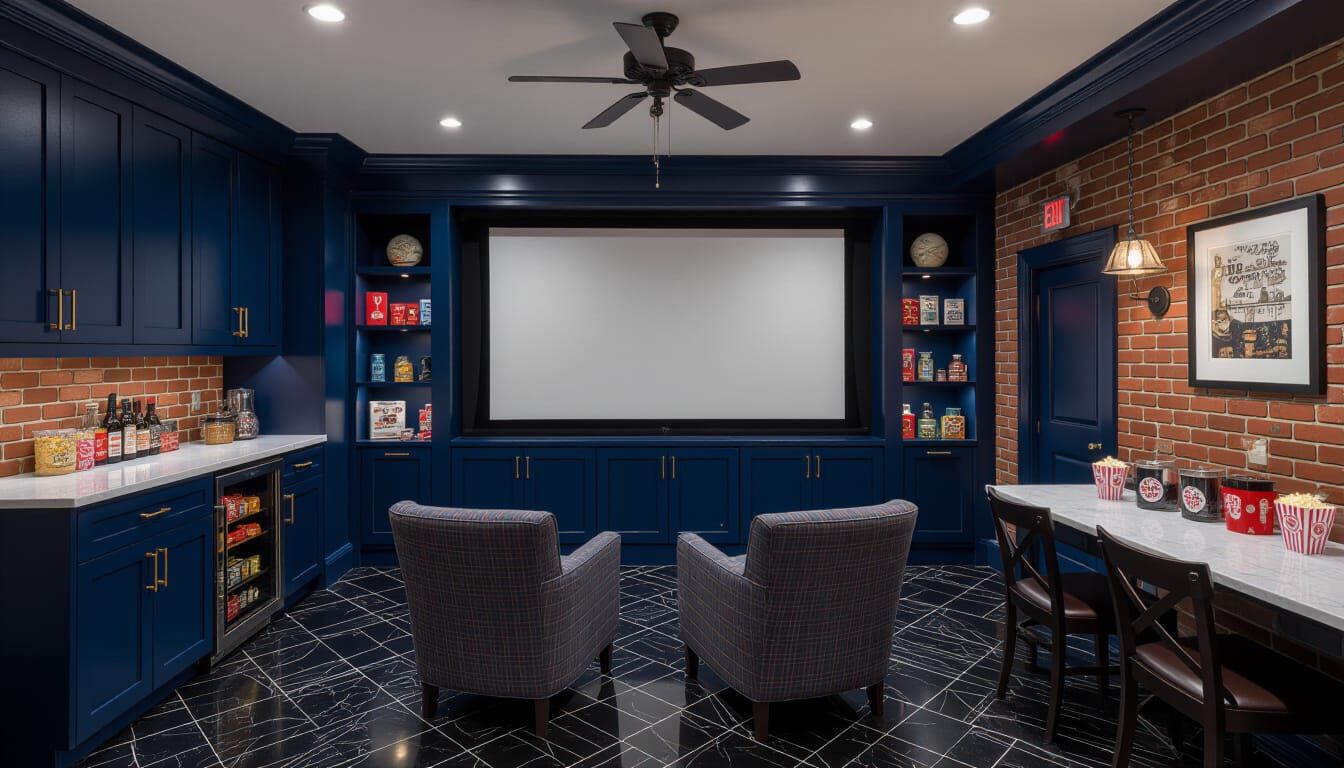 Victorian Home Theater with Dark Blue and Brick Accents