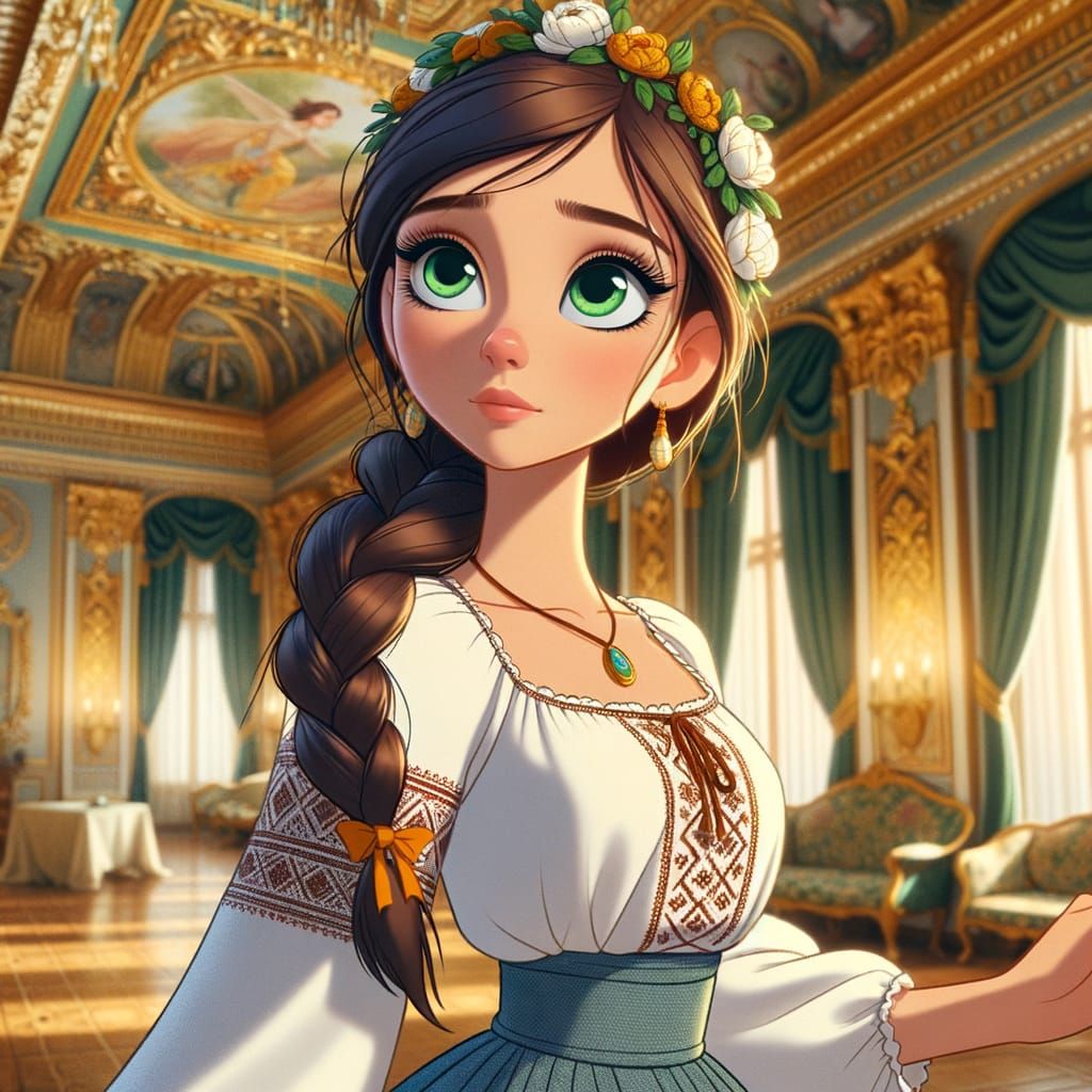 Ukrainian Woman in Mansion, Classical Animation Style