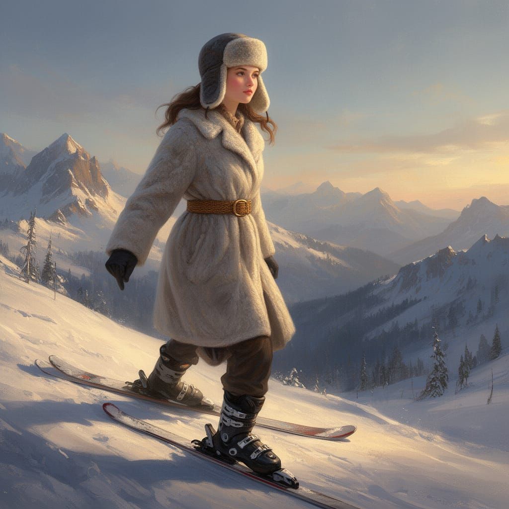 Woman in Ushanka Hat Ready to Ski Down Mountain