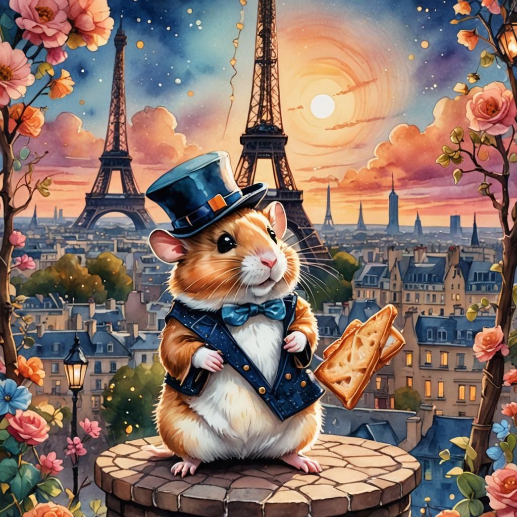 Whimsical Hamster in Paris: Watercolor Concept Art