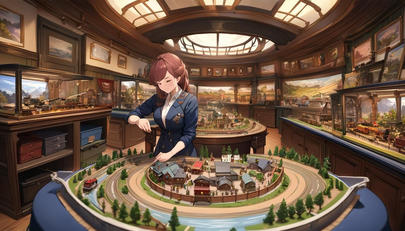 European Railfan Girl in Model Railroad Studio