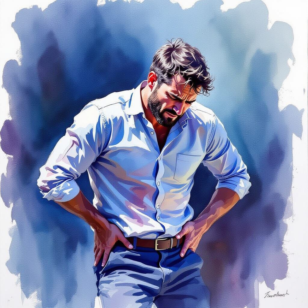 Man Suffering Back Pain Expressive Watercolor