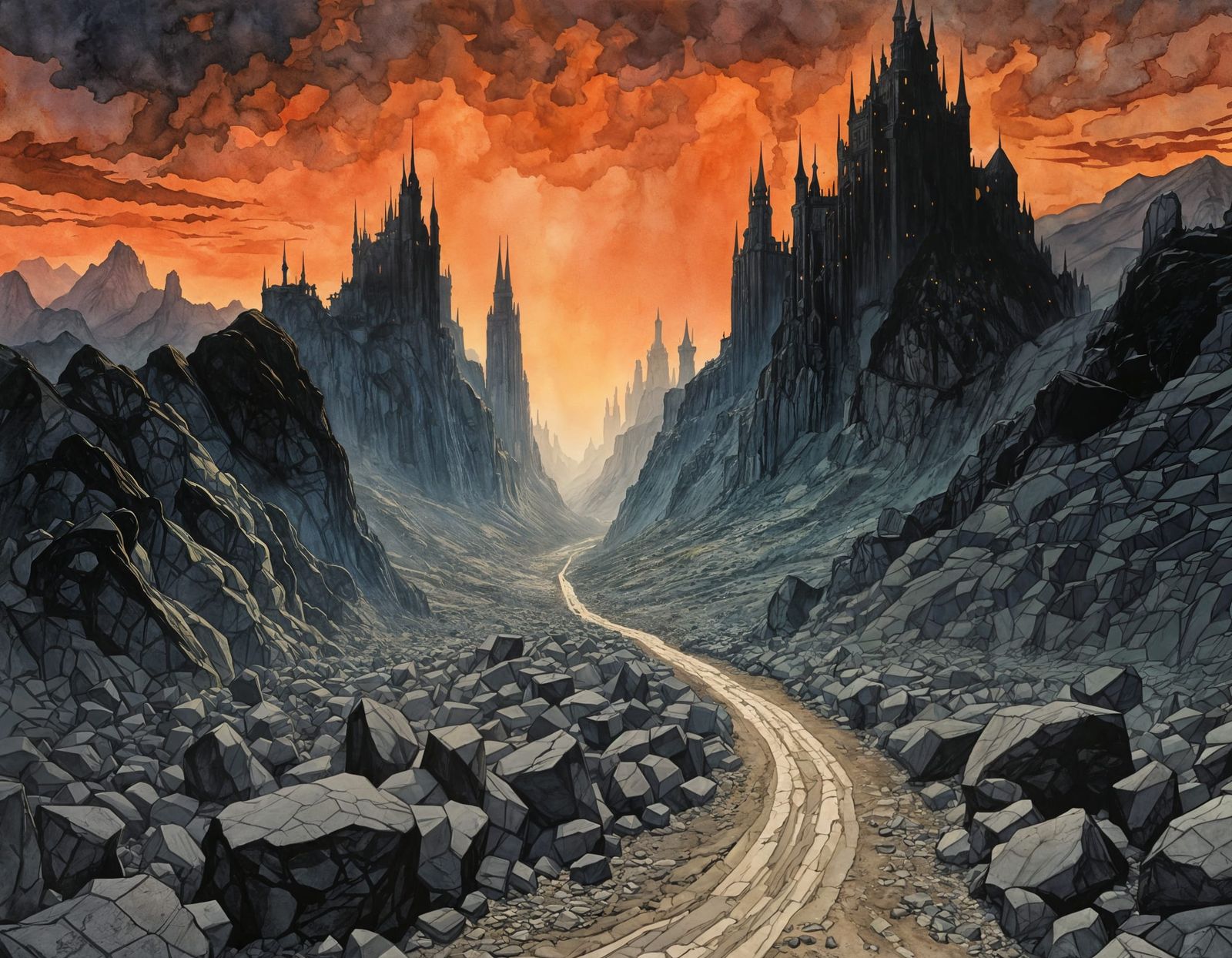 Moonlit Minas Morgul Landscape in Dark Magical Watercolor