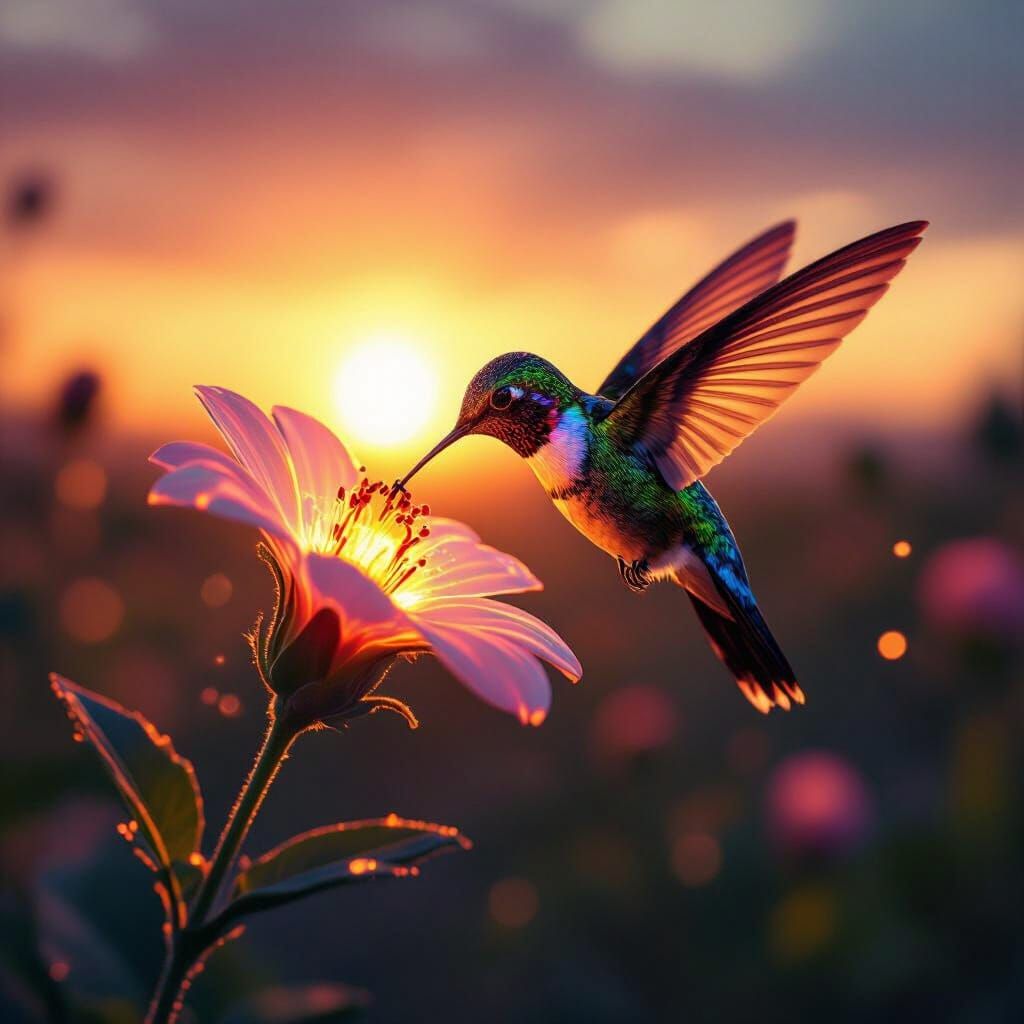 Hummingbird Feeds on Alien Flower in Expressionist Style