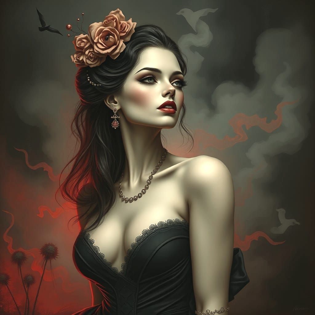 Extravagant Beauty in a Dark Gray and Red Dreamscape