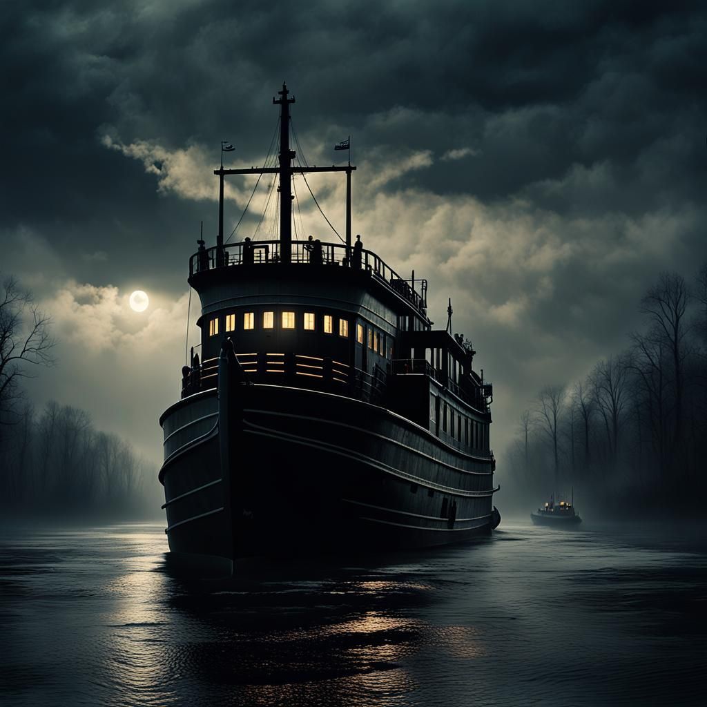 Ominous River Barge in Dark Fantasy Digital Art
