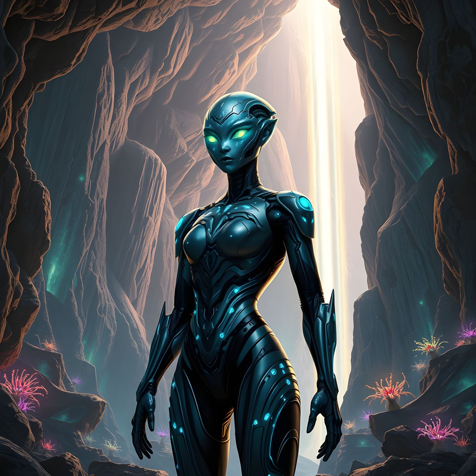 Cyberpunk Alien Robot Mining in a Glowing Cave