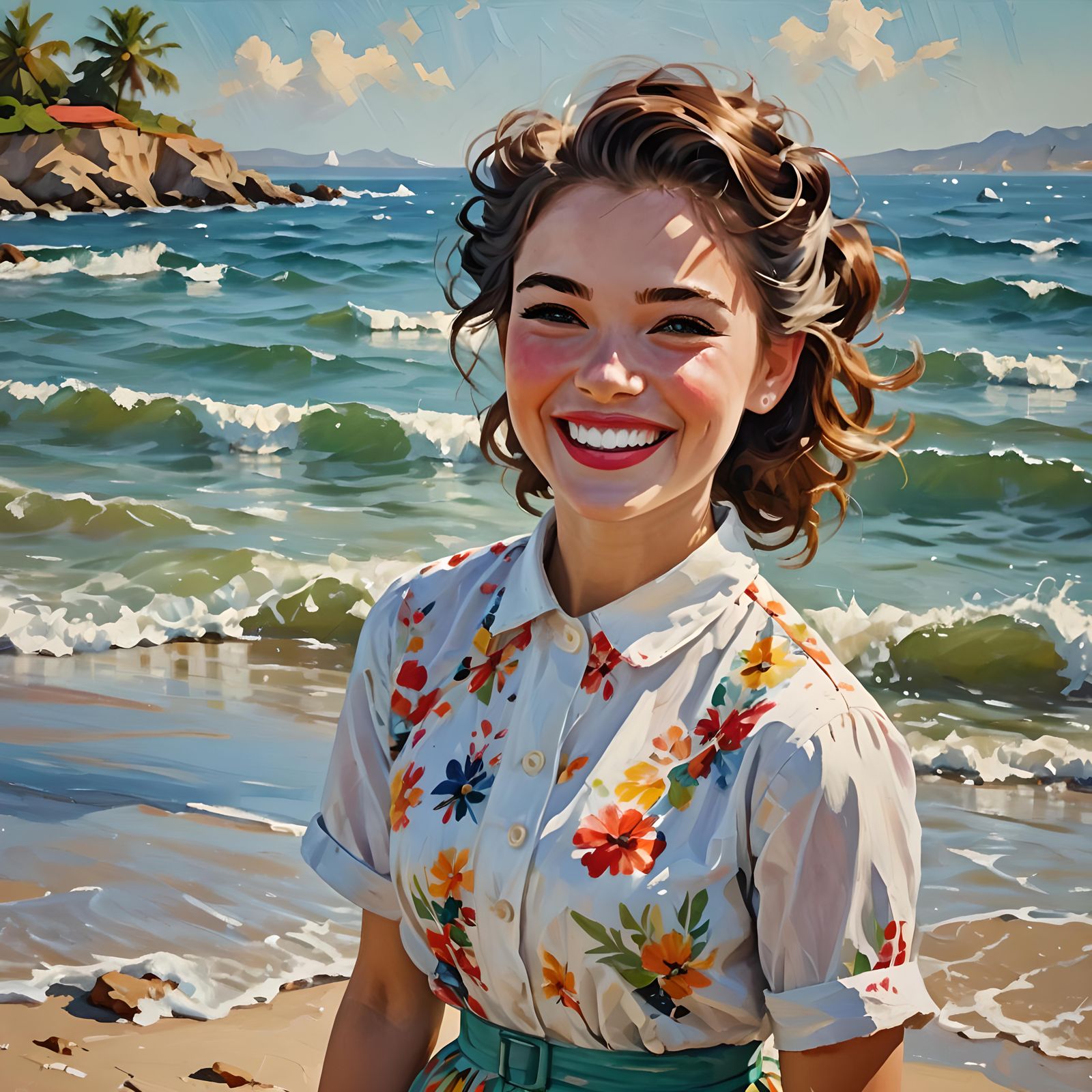Radiant Girl's Laughter: An Impasto Portrait in 50s Style