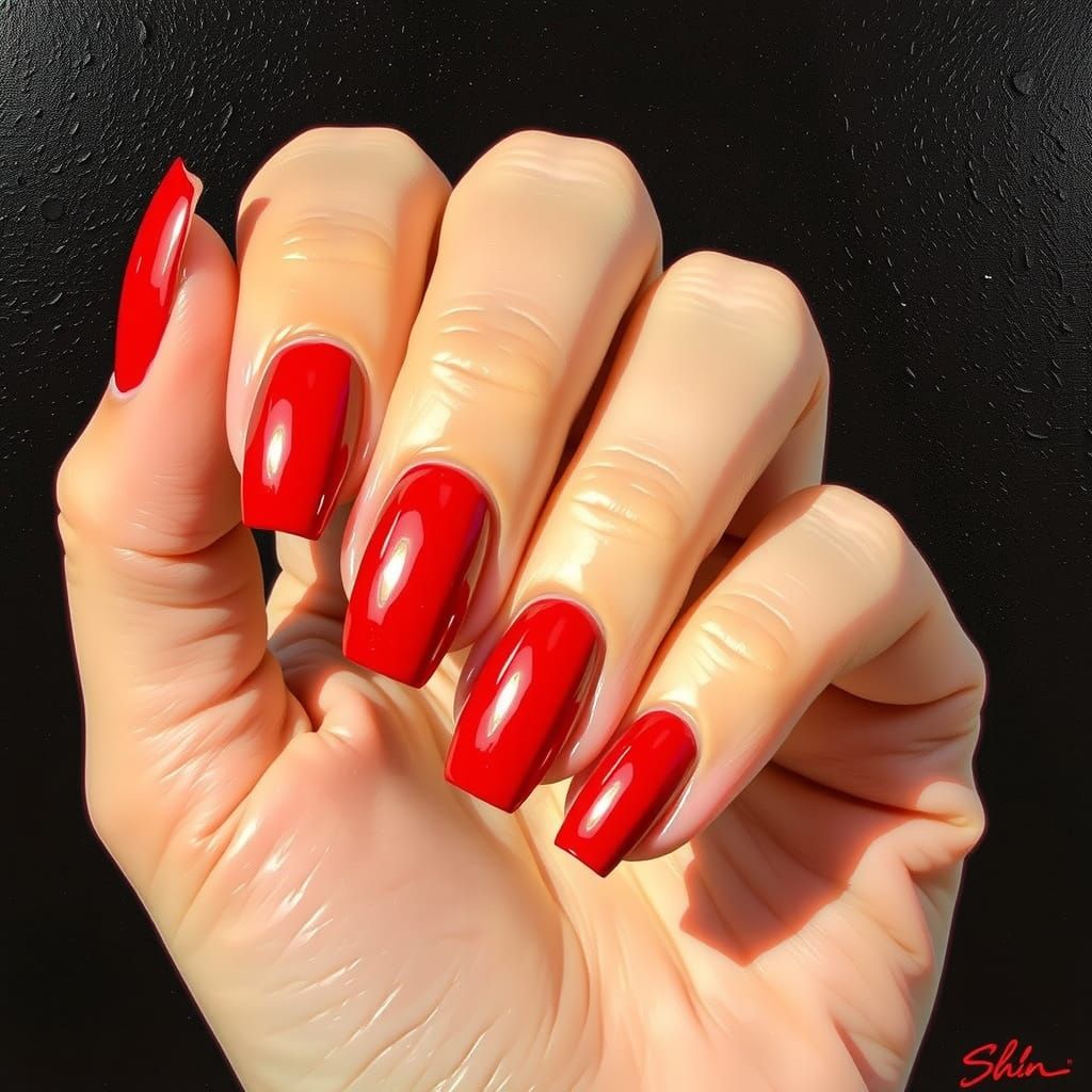 Glossy Fire Red Fingernails in Sleek Modern Style