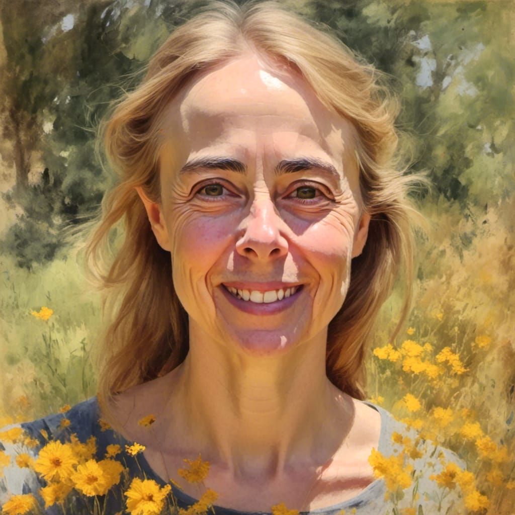 Impressionistic Portrait of Smiling Woman in Landscape
