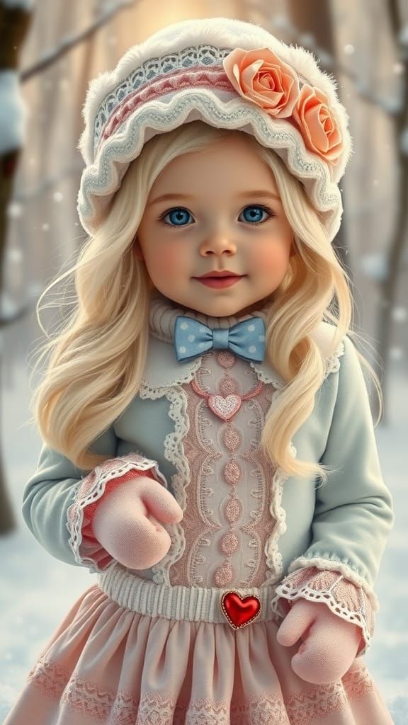 Baby Girl in Snowy Winter Forest with Pastel Outfit