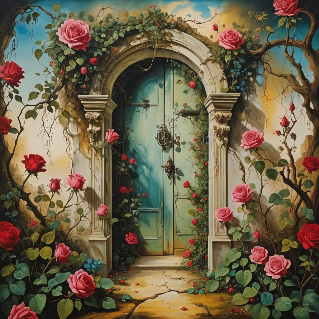 Surreal Rose Garden with Hidden Door: Dali Style