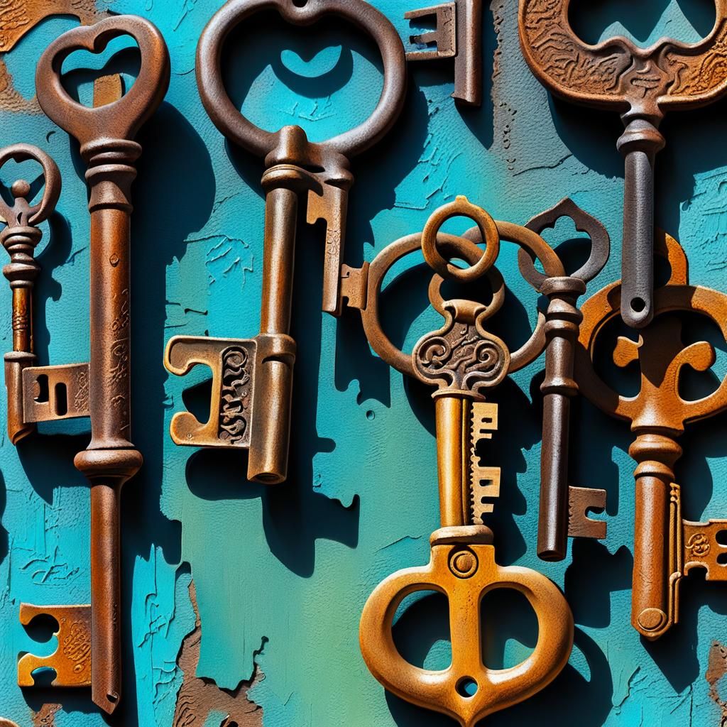 Rusty Keys in Trapunto Art Style Oil Painting