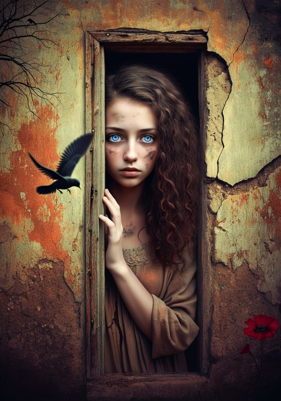 Enigmatic Female Figure Emerges from Weathered Doorway in Dr...