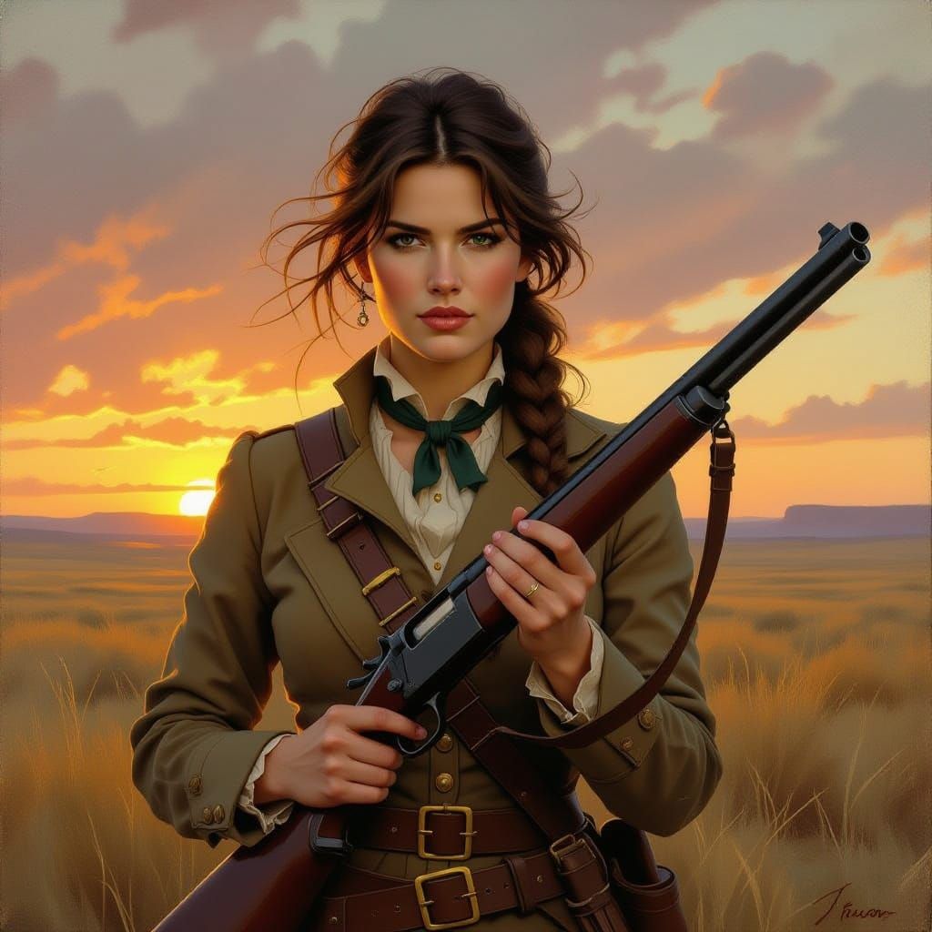 Victorian Lady with Rifle on Windswept Plain