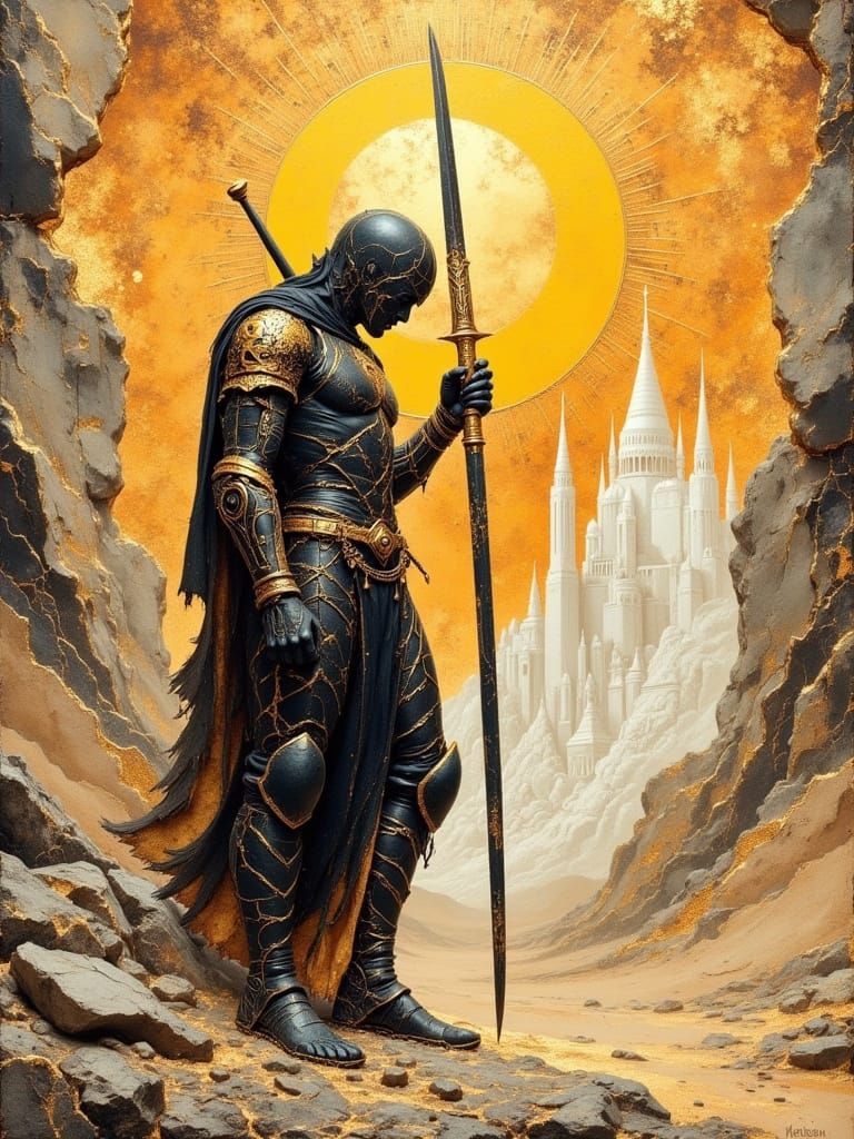 Ancient Warrior in Shattered Armor in Oil Painting Style