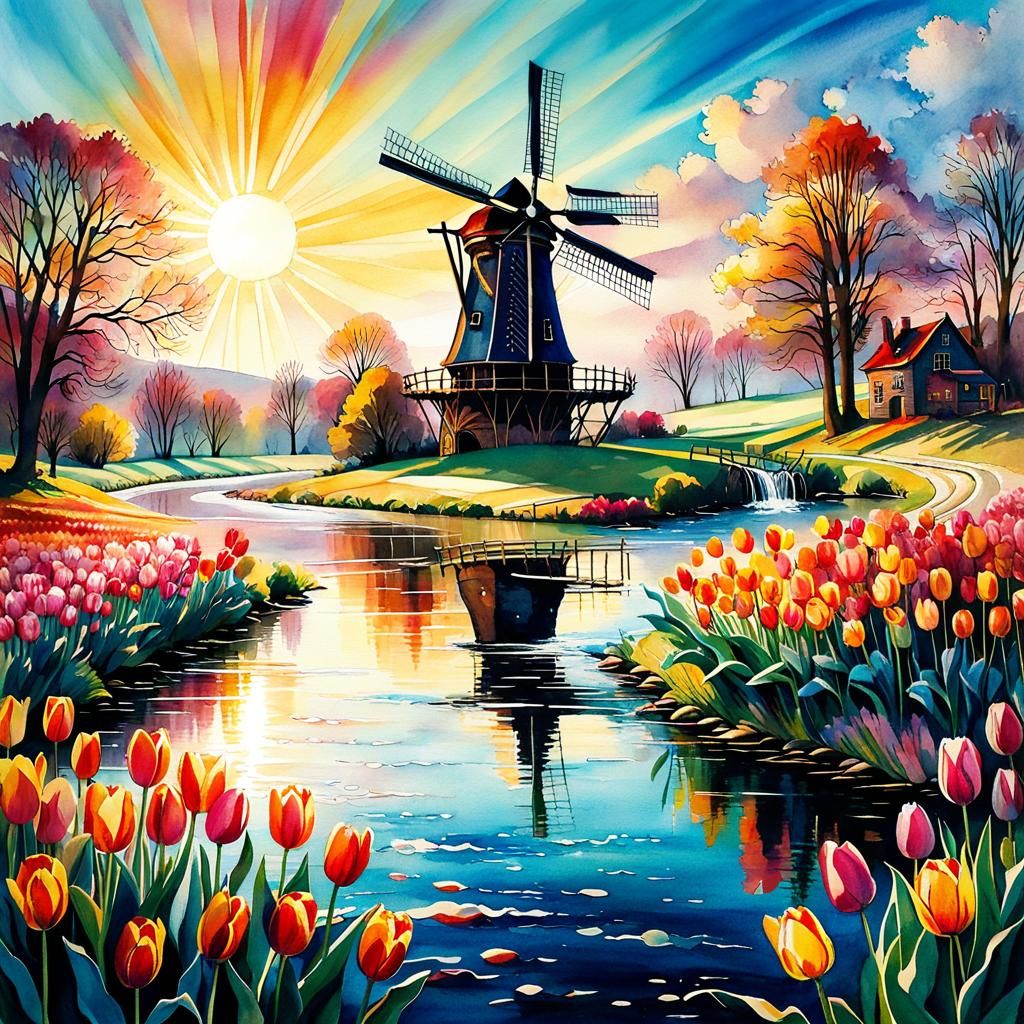 Whimsical Windmill in Tulip Field: Watercolor Illustration