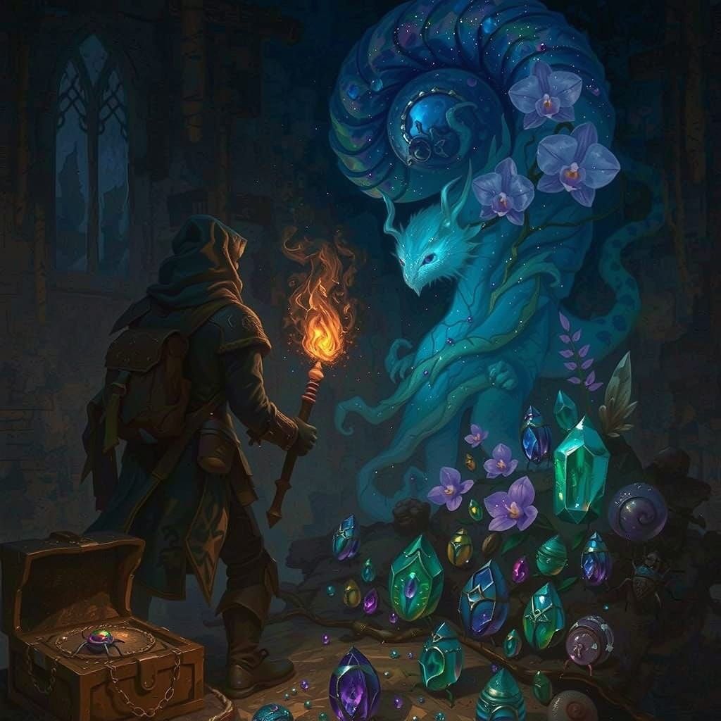 Adventurer in Bioluminescent Cavern with Dragons and Gems