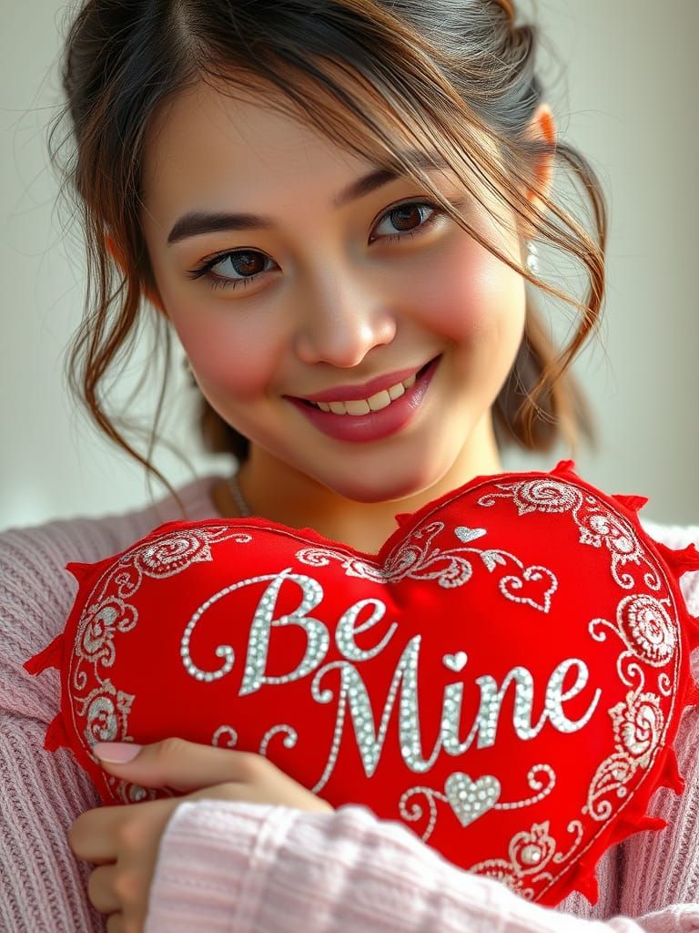 Ethereal Woman Holds Heart-Shaped Pillow with Tender Smile