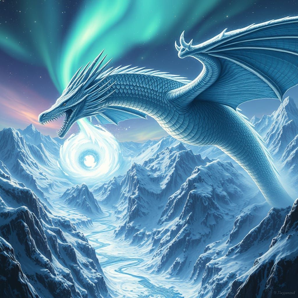 Ice Dragon Soaring Above Glacial Valley