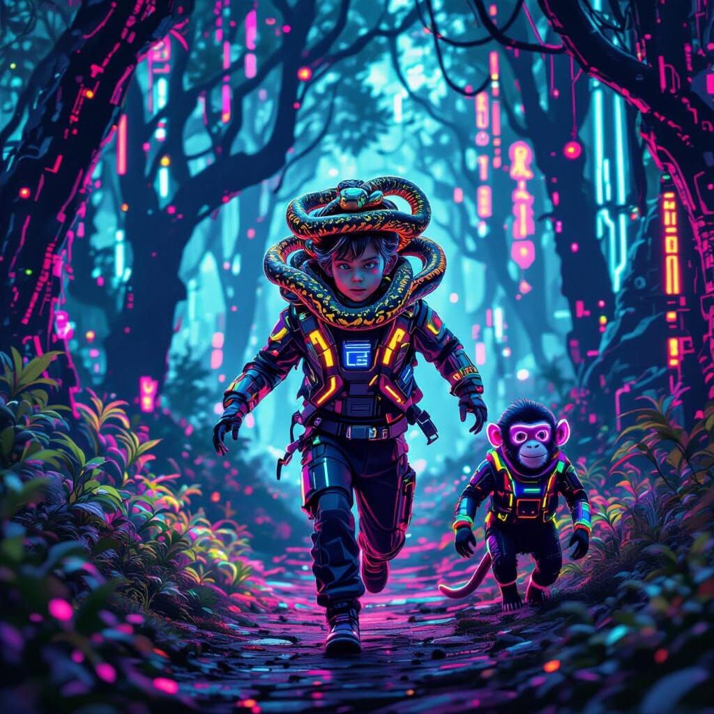 Neon Cyber Forest Adventure with Snake-Haired Boy
