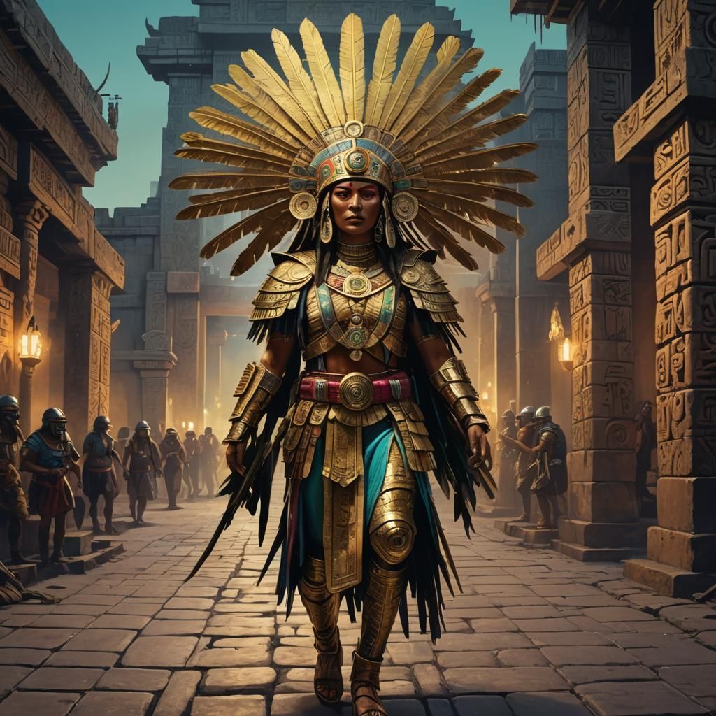 Mesoamerican Woman in Dystopian Neon City