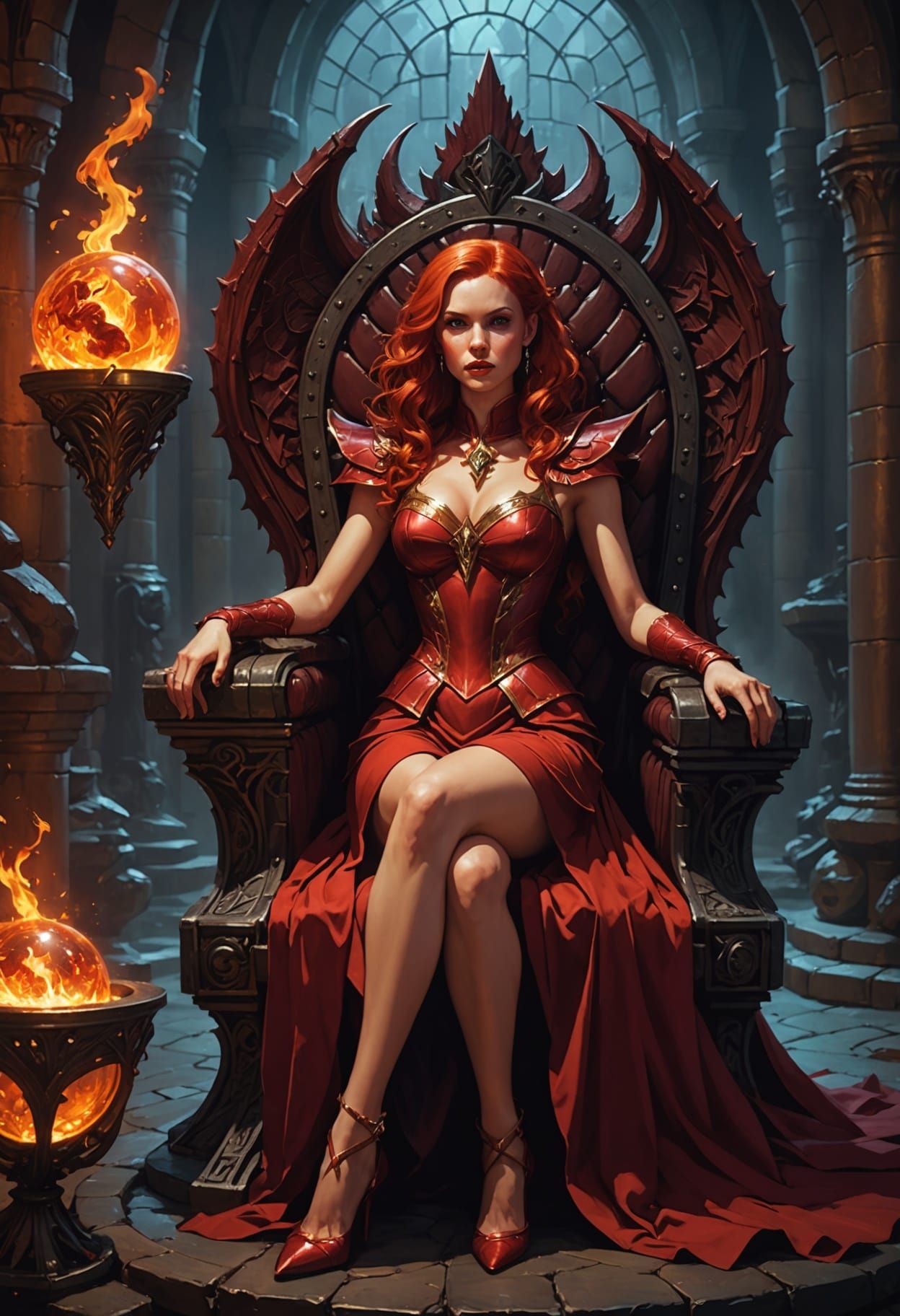 Woman on Dragon Throne in Dark Fantasy Style