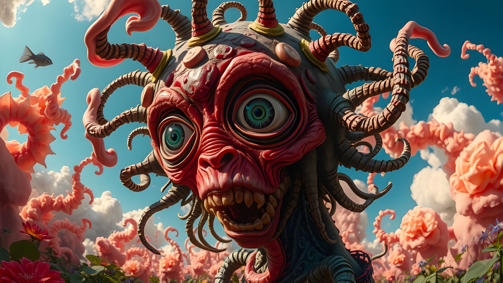 Surreal Hieronymus Bosch-Inspired Alien in Vibrant Organic R...