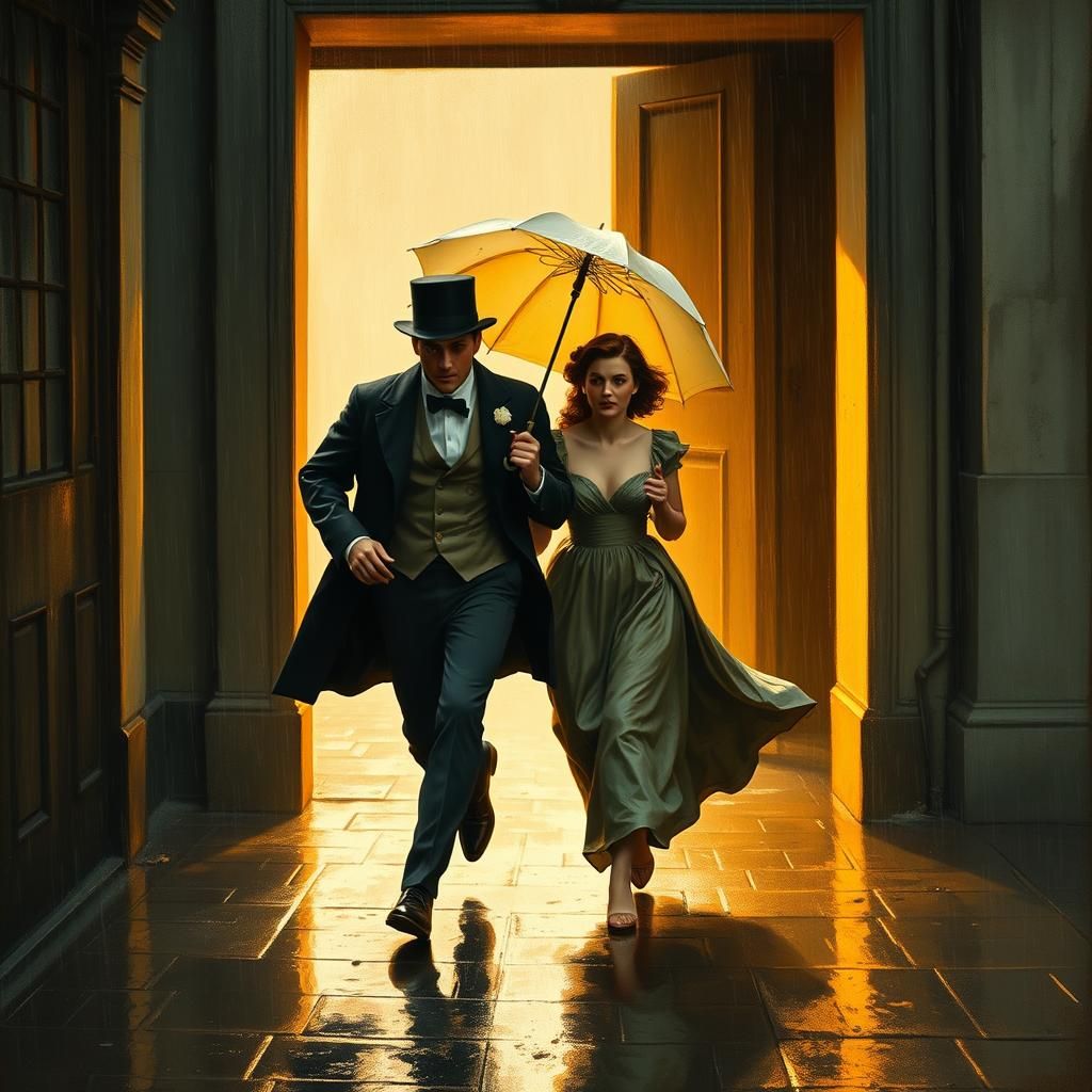 Couple in Rain, Impressionist Style