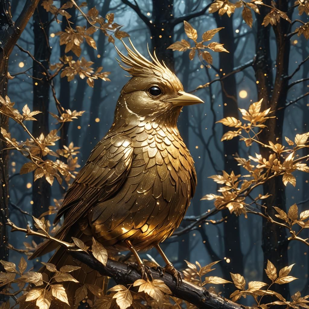 Golden Bird Portrait in Sparkling Forest, Digital Art
