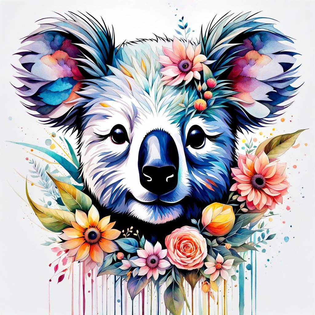 Cute Koala in Flowery Summerscape, Digital Watercolor