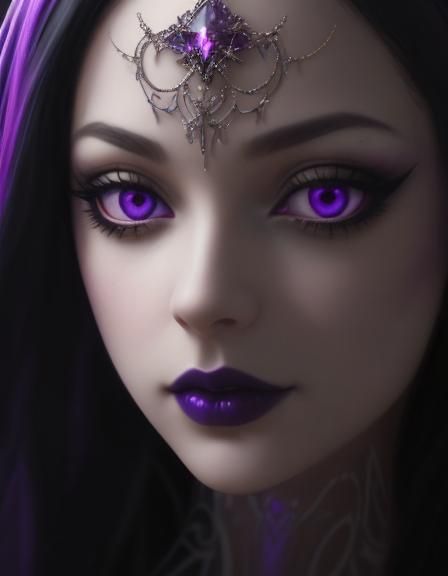 Angelic gothic beauty with long black hair and bright purple eyes with bright purple eyeshadow with black eyeliner and b...