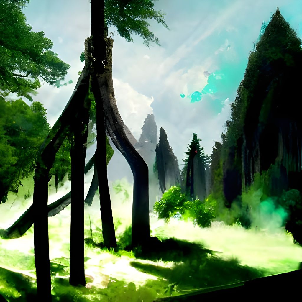Lush Ancient Forest Scene in Dark Green