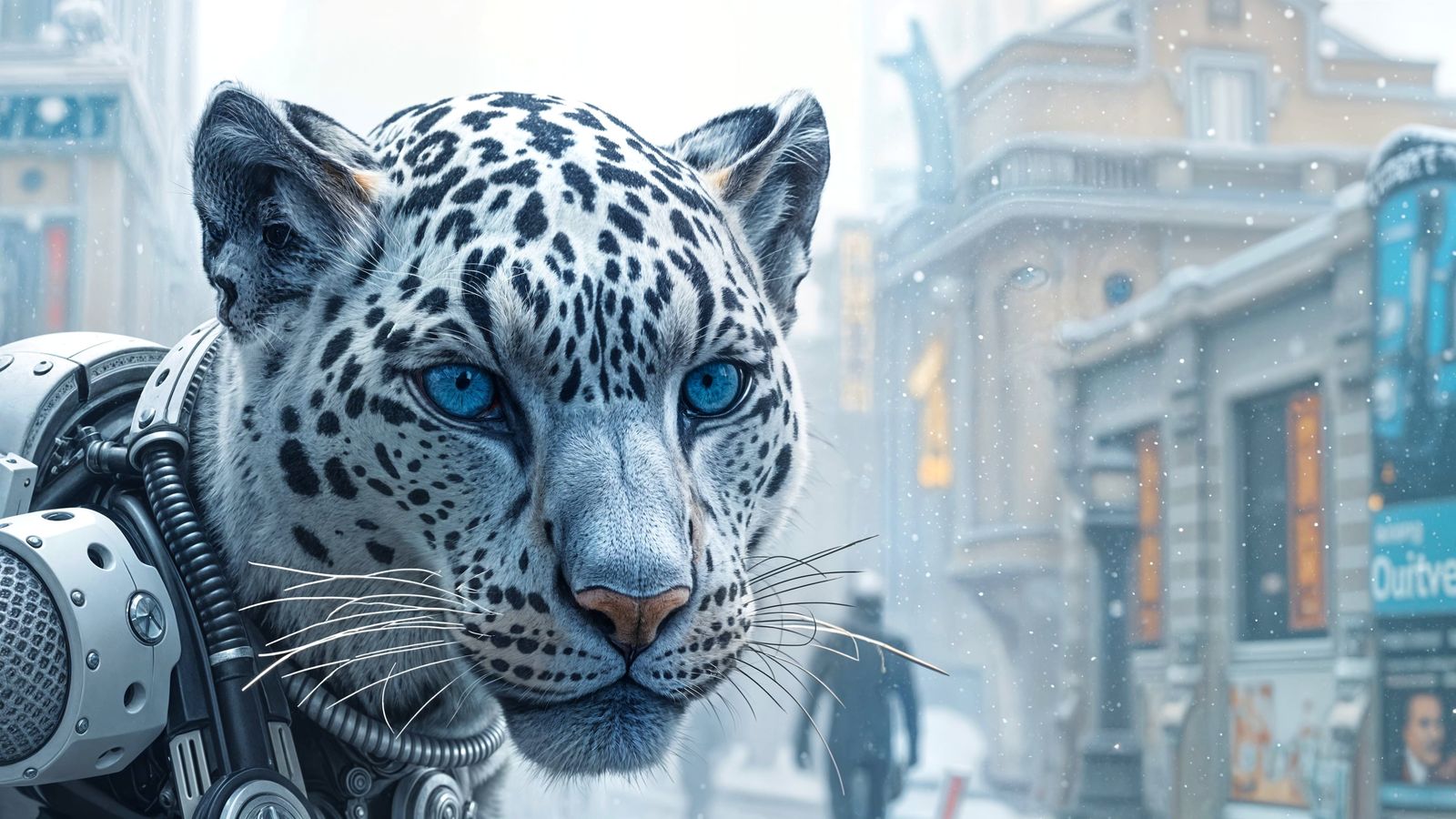 Photorealistic Snow Leopard Cyborg with Snowy Cityscape